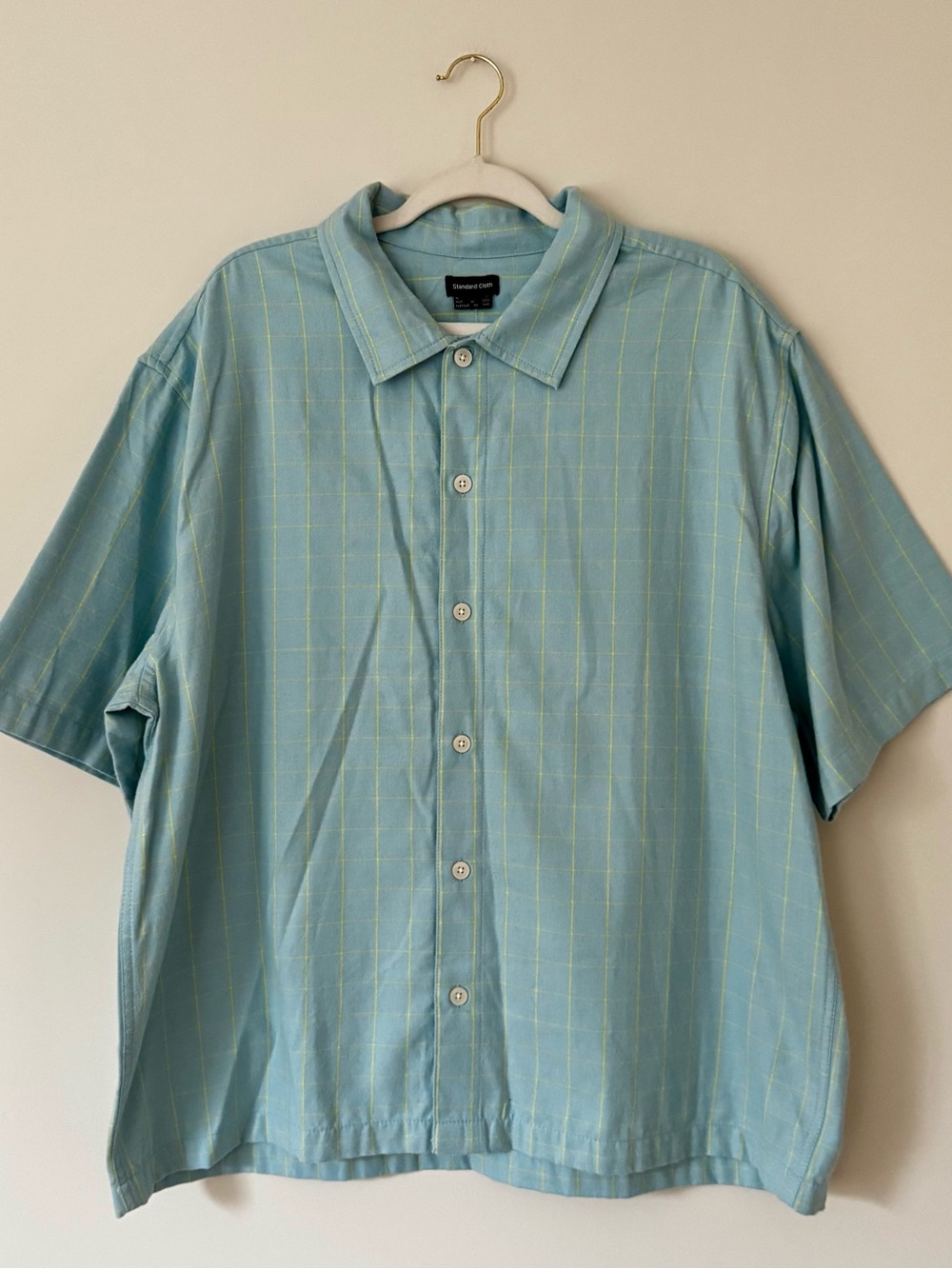 NWT UO Standard Cloth Cotton Blend Windowpane Plaid Button Down, Sky Blue – XL
